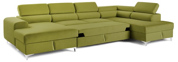 Colțar Extensibil, în formă de U, TIME NEW, cu 2 lăzi de depozitare, cu tetiere reglabile, 360x220x95 cm, Verde-Olive-Velluto / Dreapta