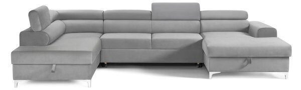 Colțar Extensibil, în formă de U, TIME NEW, cu 2 lăzi de depozitare, cu tetiere reglabile, 360x220x95 cm, Gri-Silver-Velluto / Stanga