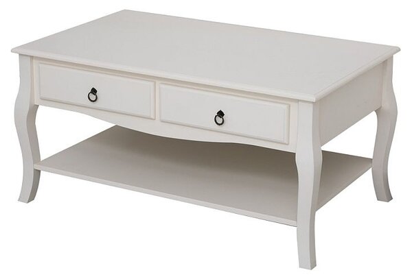 Masuta cafea 100x60x49 cm, picioare lemn pin alb, MDF, 2 sertare, raft depozitare