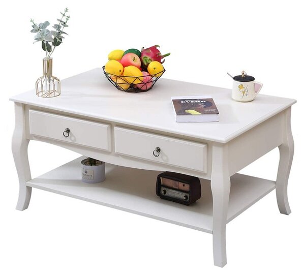 Masuta cafea 100x60x49 cm, picioare lemn pin alb, MDF, 2 sertare, raft depozitare