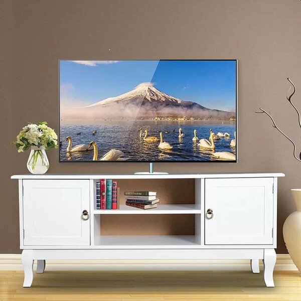 Comoda TV 120x40x50 cm, rafturi, 2 dulapuri depozitare, picioare lemn pin, MDF, alb