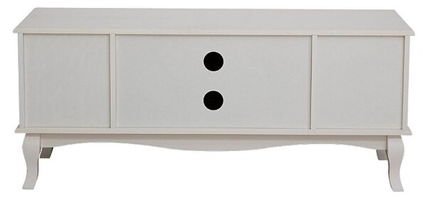 Comoda TV 120x40x50 cm, rafturi, 2 dulapuri depozitare, picioare lemn pin, MDF, alb