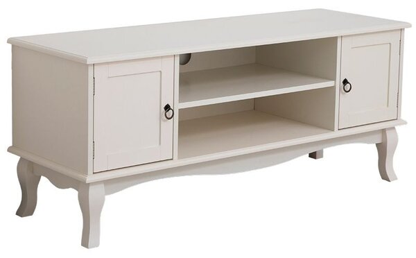 Comoda TV 120x40x50 cm, rafturi, 2 dulapuri depozitare, picioare lemn pin, MDF, alb