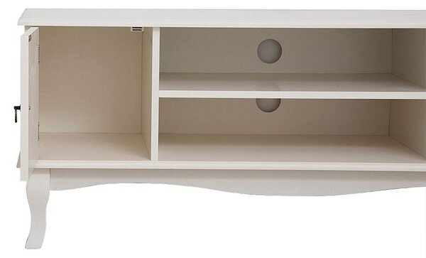 Comoda TV 120x40x50 cm, rafturi, 2 dulapuri depozitare, picioare lemn pin, MDF, alb