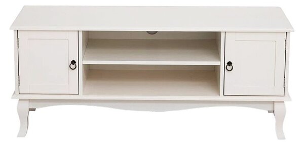 Comoda TV 120x40x50 cm, rafturi, 2 dulapuri depozitare, picioare lemn pin, MDF, alb
