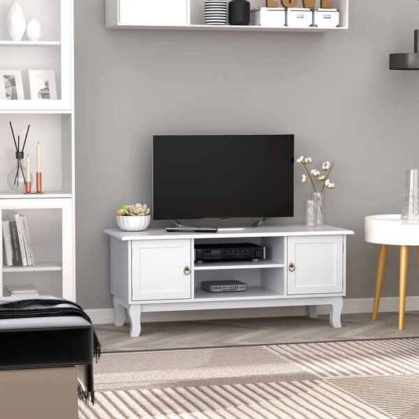 Comoda TV 120x40x50 cm, rafturi, 2 dulapuri depozitare, picioare lemn pin, MDF, alb