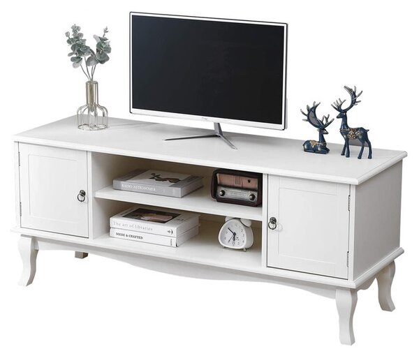 Comoda TV 120x40x50 cm, rafturi, 2 dulapuri depozitare, picioare lemn pin, MDF, alb