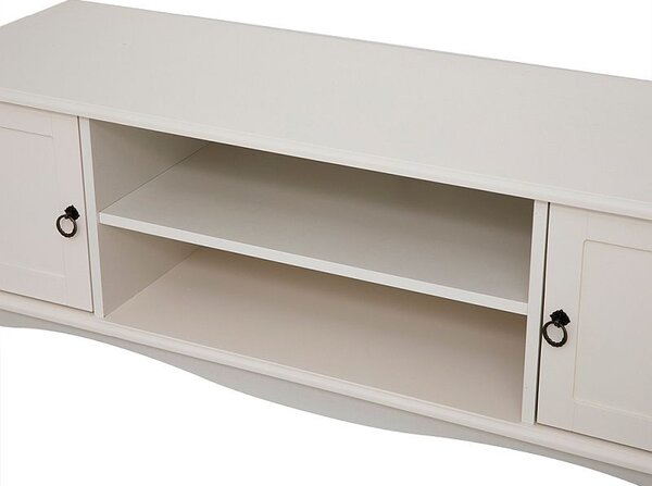 Comoda TV 120x40x50 cm, rafturi, 2 dulapuri depozitare, picioare lemn pin, MDF, alb