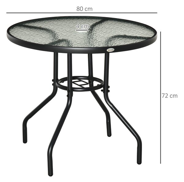 Outsunny Masă de Grădină Rotundă 80 cm cu Orificiu pentru Umbrelă, Masă de Cafea pentru Exterior cu Blat din Sticlă Temperată, Cadru Metalic, pentru Terasă, Balcon, Negru | Aosom Romania