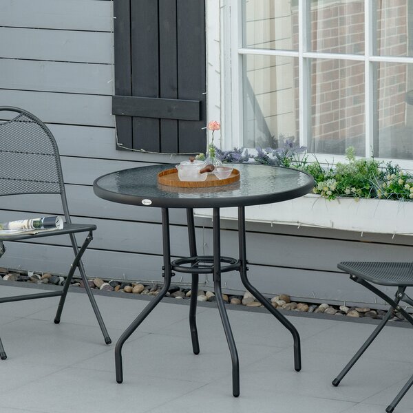 Outsunny Masă de Grădină Rotundă 80 cm cu Orificiu pentru Umbrelă, Masă de Cafea pentru Exterior cu Blat din Sticlă Temperată, Cadru Metalic, pentru Terasă, Balcon, Negru | Aosom Romania