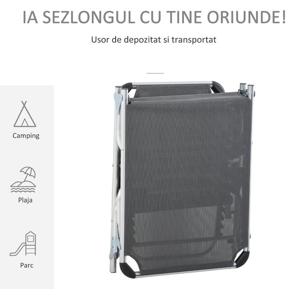 Outsunny Șezlong de plajă, Pliabil cu suport pentru cap, spătar reglabil, aluminiu și textilene, bej | Aosom Romania