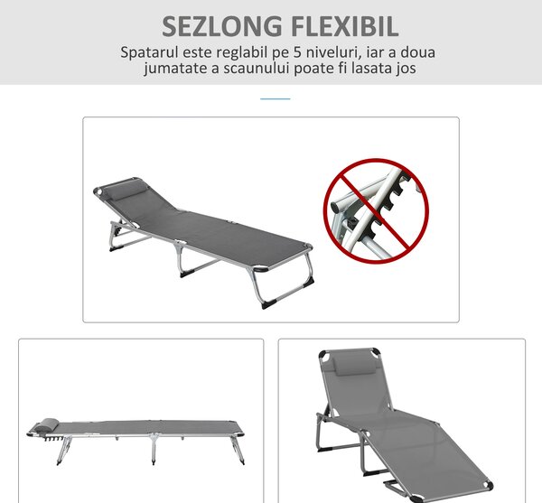 Outsunny Șezlong de plajă, Pliabil cu suport pentru cap, spătar reglabil, aluminiu și textilene, bej | Aosom Romania