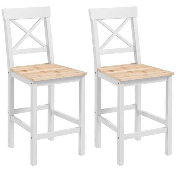 HOMCOM Set de 2 Taburete de Bar, Taburete de Bucătărie Înaltă cu Spătar Înalt, Suporturi pentru Picioare, din Lemn de Pin, Natural și Alb | Aosom Romania