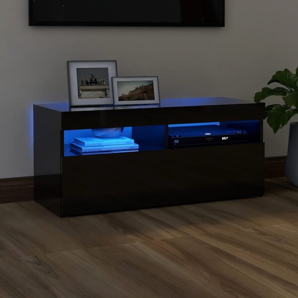 Comodă TV cu lumini LED, negru extralucios, 90x35x40 cm