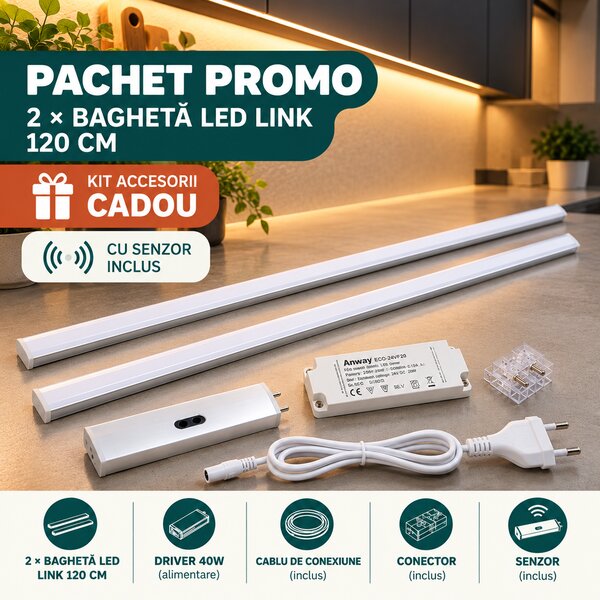 Pachet Promo 2x Baghetă LED Link 120cm 60W Lumină Rece 6000K cu Kit Accesorii și Senzor Cadou pentru Mobila Bucătărie Iluminat Interior Profesional