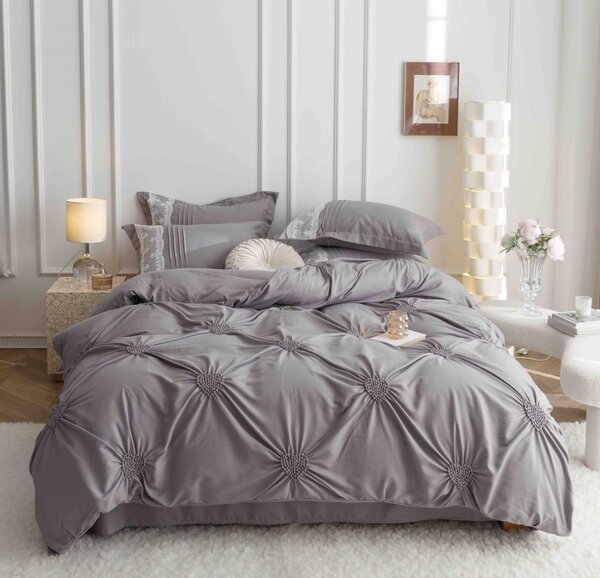 Lenjerie pat dublu, Inimi Brodate, 6 Piese, Finet Premium - Gri