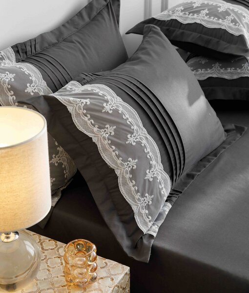 Lenjerie pat dublu, Inimi Brodate, 6 Piese, Finet Premium - Gri Inchis