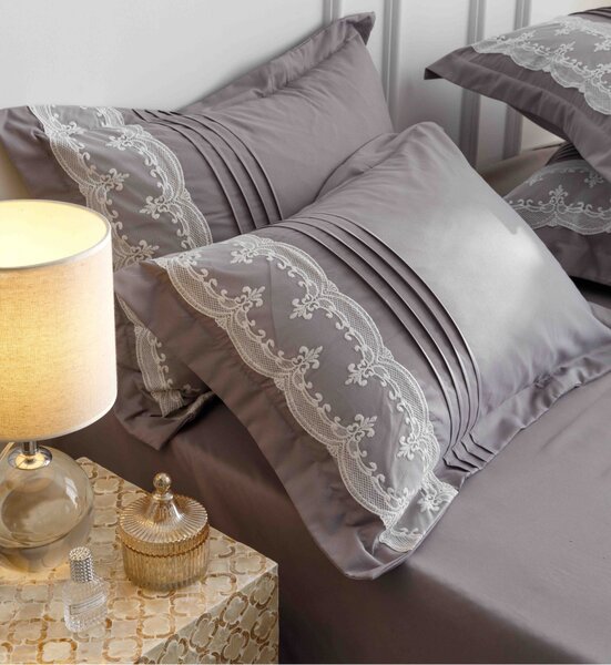 Lenjerie pat dublu, Inimi Brodate, 6 Piese, Finet Premium - Gri