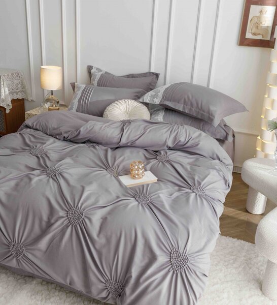 Lenjerie pat dublu, Inimi Brodate, 6 Piese, Finet Premium - Gri