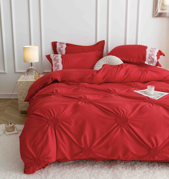 Lenjerie pat dublu, Inimi Brodate, 6 Piese, Finet Premium - Rosu