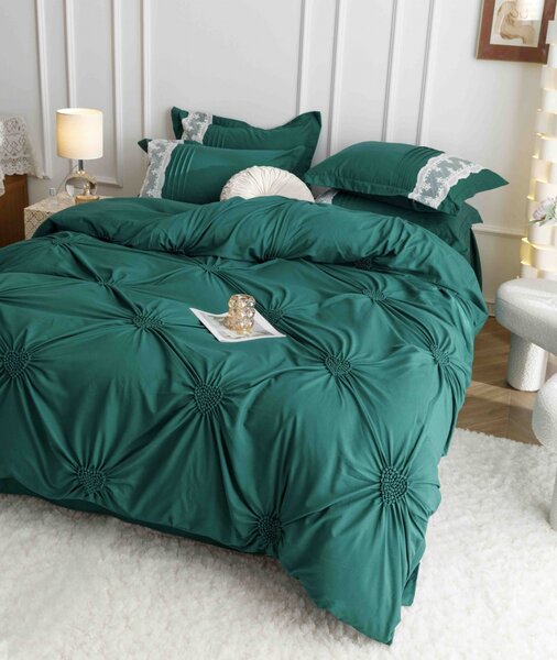 Lenjerie pat dublu, Inimi Brodate, 6 Piese, Finet Premium - Verde