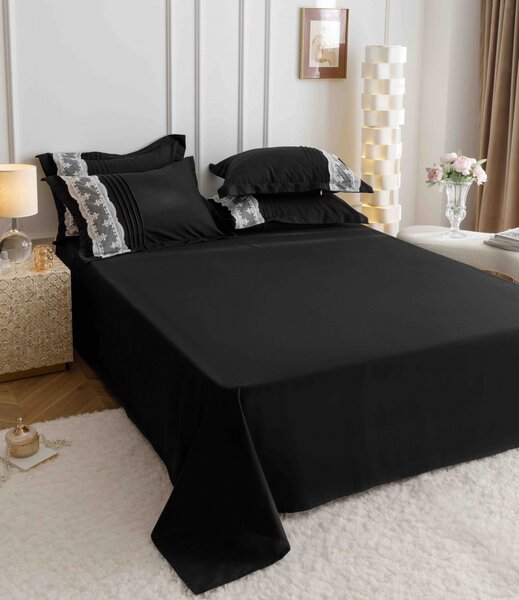 Lenjerie pat dublu, Inimi Brodate, 6 Piese, Finet Premium - Negru
