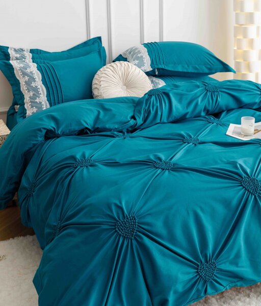 Lenjerie pat dublu, Inimi Brodate, 6 Piese, Finet Premium - Turcoaz