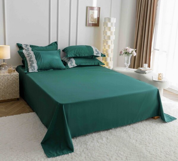 Lenjerie pat dublu, Inimi Brodate, 6 Piese, Finet Premium - Verde