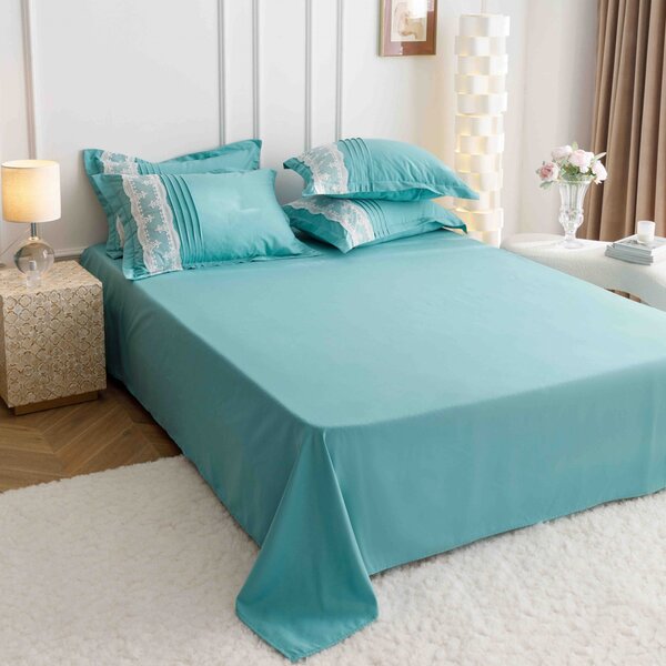 Lenjerie pat dublu, Inimi Brodate, 6 Piese, Finet Premium - Verde deschis