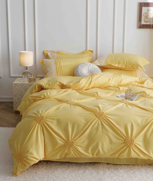 Lenjerie pat dublu, Inimi Brodate, 6 Piese, Finet Premium - Galben