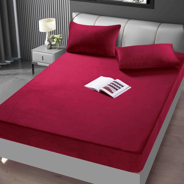 Huse de pat, 3 Piese, Catifea cu elastic 180x200, Rosu