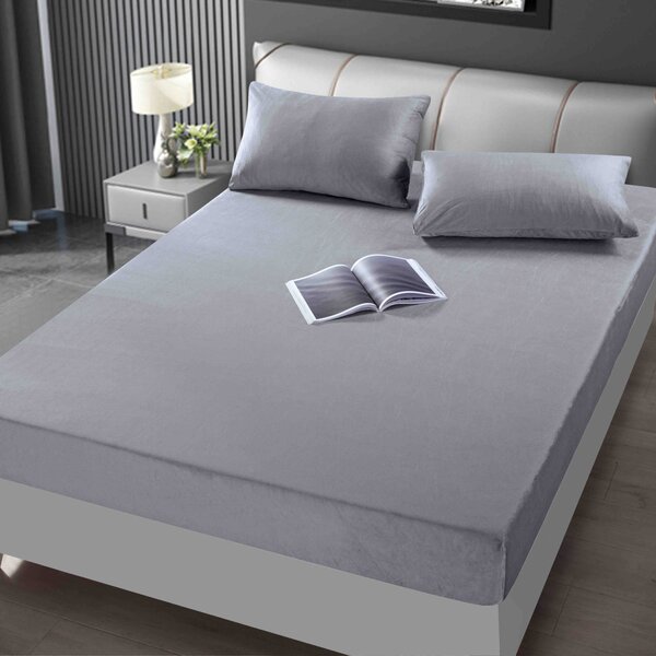 Huse de pat, 3 Piese, Catifea cu elastic 180x200, Gri