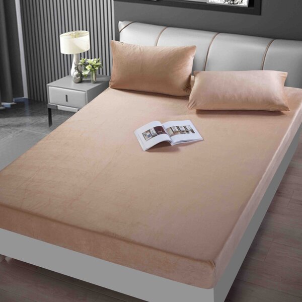 Huse de pat, 3 Piese, Catifea cu elastic 180x200, Cafea cu Lapte