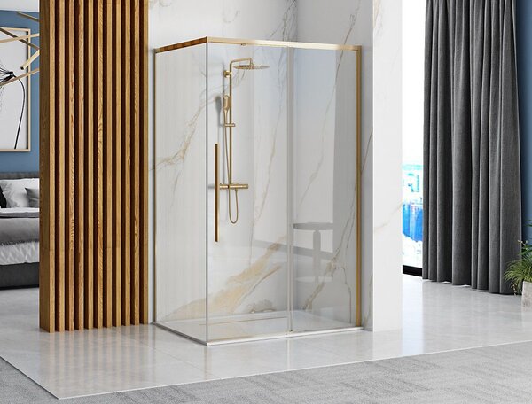 Rea Solar Gold Elegant, cabină de duș cu ușă glisantă 90 (uşă) x 90 (perete) x 195 cm, sticlă transparentă de 6 mm, profil auriu, REA-K4900