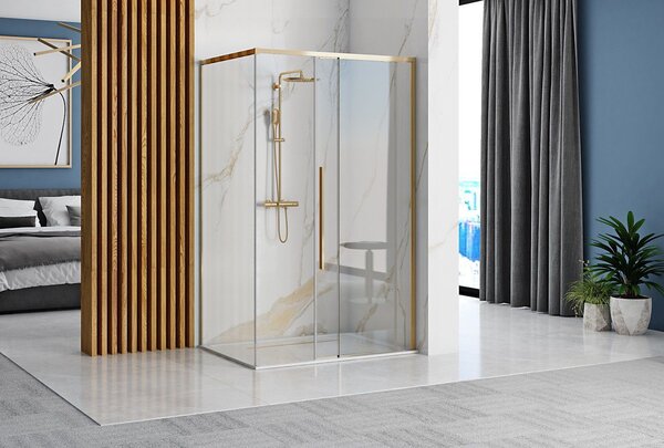 Rea Solar Gold Elegant, cabină de duș cu ușă glisantă 90 (uşă) x 90 (perete) x 195 cm, sticlă transparentă de 6 mm, profil auriu, REA-K4900