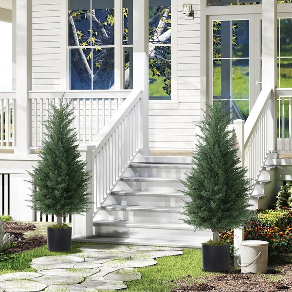 Outsunny Set 2 Plante Artificiale de Chiparos cu 362 Frunze și Ghiveci cu Ciment și Mușchi, Plante Rezistente la UV, Ø40x90 cm, Verde | Aosom Romania