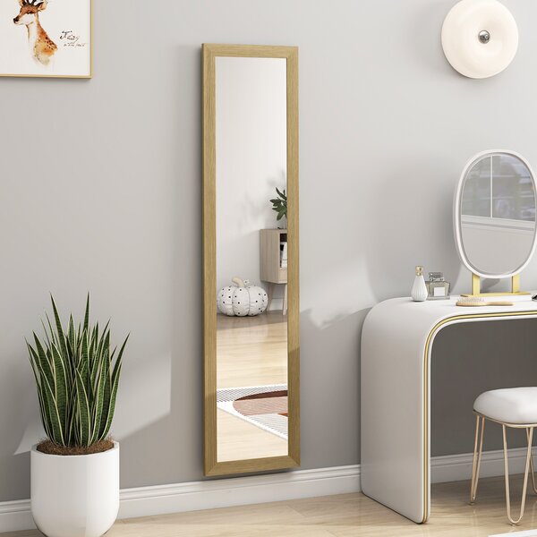 HOMCOM Oglindă cu Ramă din MDF, Picioare și Cârlige pentru Utilizare pe Podea sau pe Perete, 37x40x155 cm, Lemn Natural | Aosom Romania