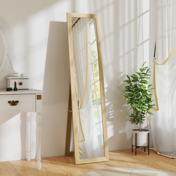 HOMCOM Oglindă cu Ramă din MDF, Picioare și Cârlige pentru Utilizare pe Podea sau pe Perete, 37x40x155 cm, Lemn Natural | Aosom Romania
