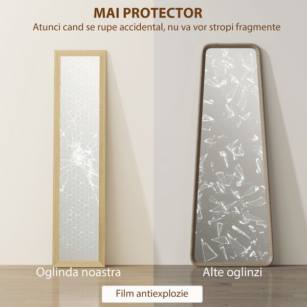 HOMCOM Oglindă cu Ramă din MDF, Picioare și Cârlige pentru Utilizare pe Podea sau pe Perete, 37x40x155 cm, Lemn Natural | Aosom Romania