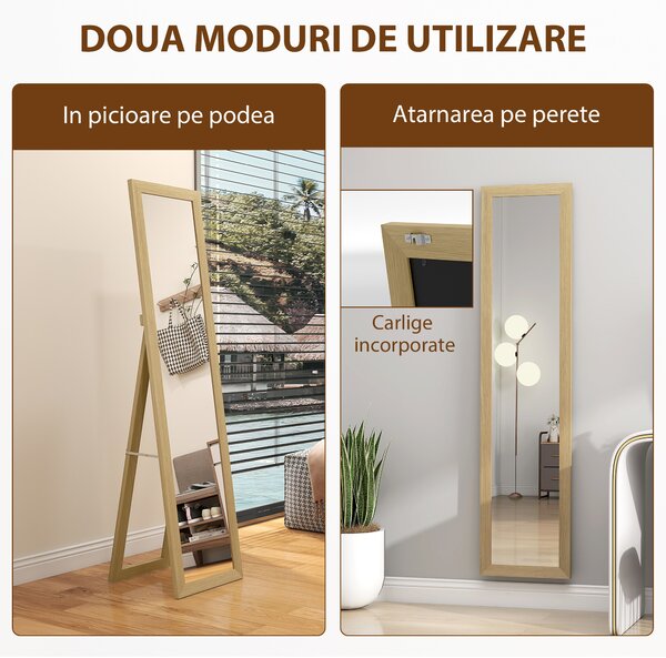 HOMCOM Oglindă cu Ramă din MDF, Picioare și Cârlige pentru Utilizare pe Podea sau pe Perete, 37x40x155 cm, Lemn Natural | Aosom Romania