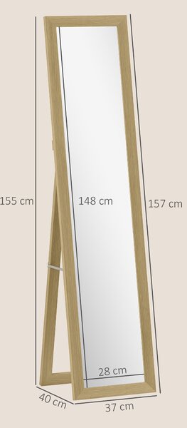 HOMCOM Oglindă cu Ramă din MDF, Picioare și Cârlige pentru Utilizare pe Podea sau pe Perete, 37x40x155 cm, Lemn Natural | Aosom Romania