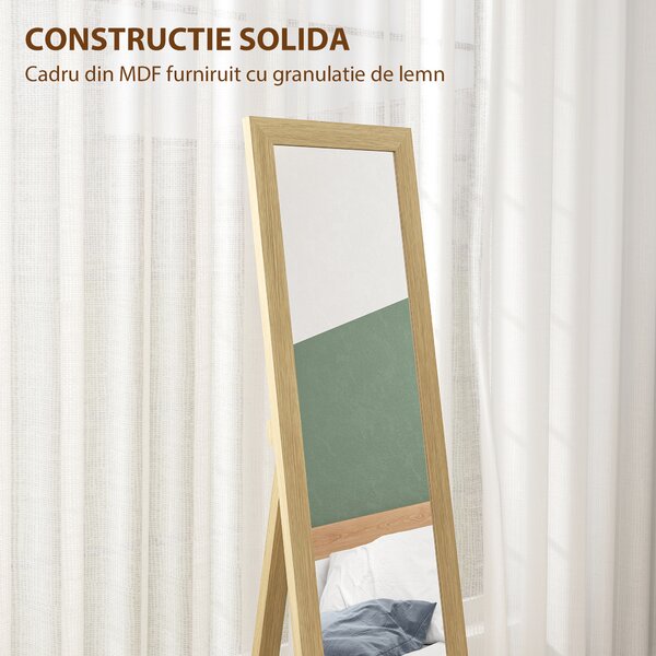 HOMCOM Oglindă cu Ramă din MDF, Picioare și Cârlige pentru Utilizare pe Podea sau pe Perete, 37x40x155 cm, Lemn Natural | Aosom Romania