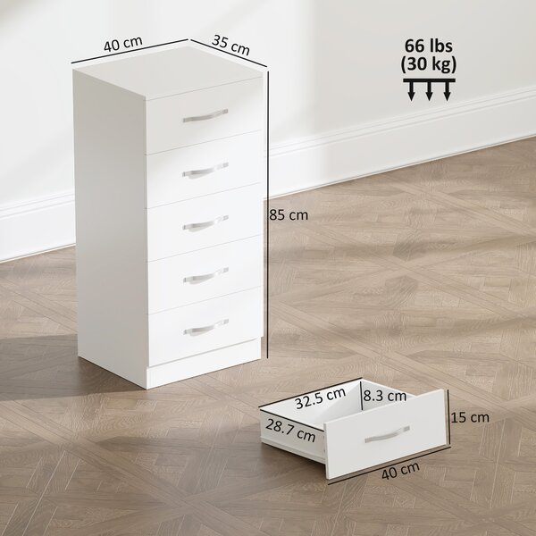 HOMCOM Comodă cu 5 Sertare, Design Modern, Slim, cu Mânere Argintii, Ideală pentru Dormitor, Cameră, Hol sau Living, Dimensiuni 40x35x85 cm, Alb | Aosom Romania