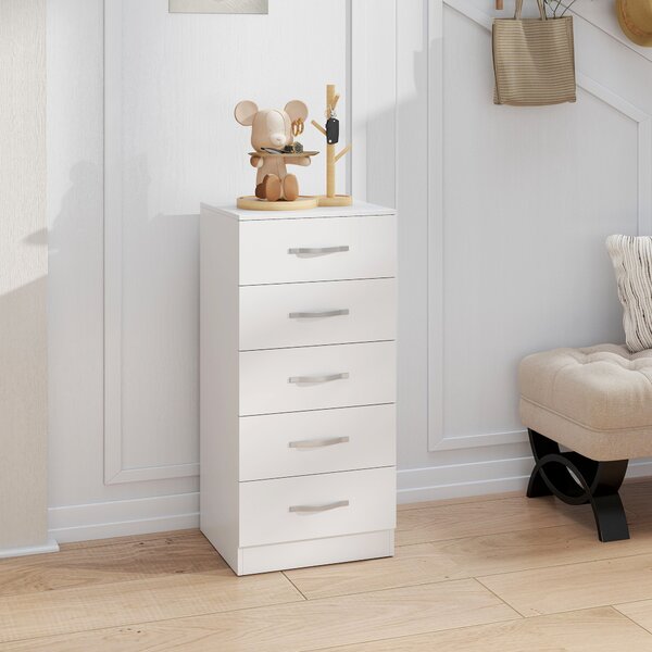 HOMCOM Comodă cu 5 Sertare, Design Modern, Slim, cu Mânere Argintii, Ideală pentru Dormitor, Cameră, Hol sau Living, Dimensiuni 40x35x85 cm, Alb | Aosom Romania