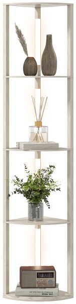 HOMCOM Lampă LED de podea, raft de colț, dimabilă, 4 rafturi, lumină alb cald, 41x30x164cm, stejar | Aosom Romania