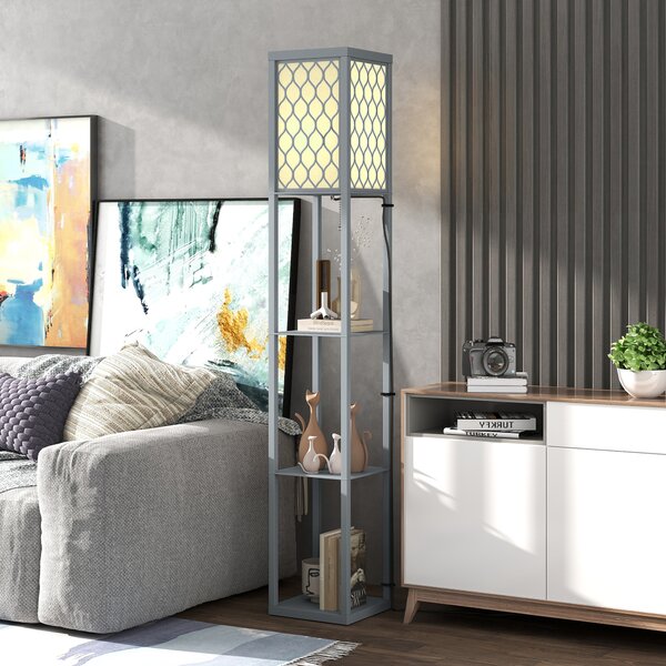 HOMCOM Lampă de podea cu raft, 3 compartimente, dimensiuni compacte, MDF, gri deschis | Aosom Romania