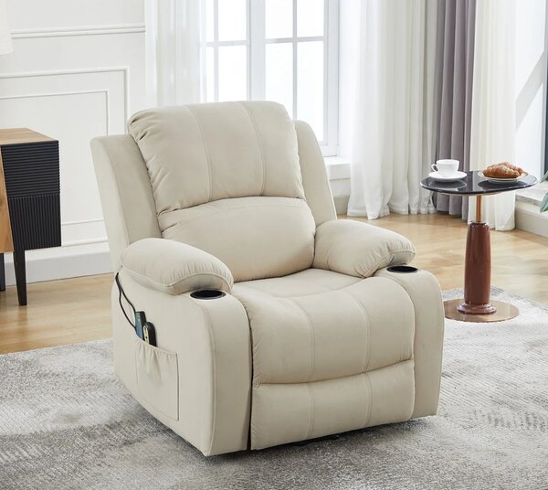 Fotoliu Electric Power Lift&Recliner, ridicare și rabatare, Masaj și Incalzire, suporturi pentru pahare, buzunare laterale, telecomenzi, textil, Alb fildes