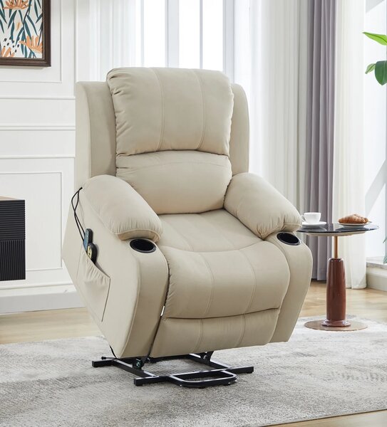 Fotoliu Electric Power Lift&Recliner, ridicare și rabatare, Masaj și Incalzire, suporturi pentru pahare, buzunare laterale, telecomenzi, textil, Alb fildes