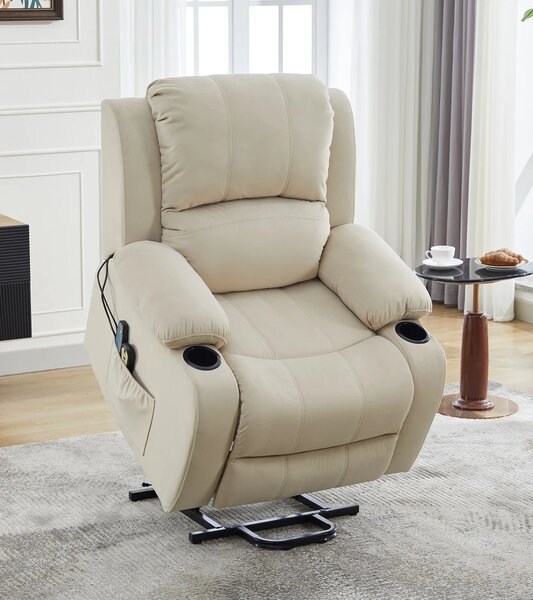 Fotoliu Electric Power Lift&Recliner, ridicare și rabatare, Masaj și Incalzire, suporturi pentru pahare, buzunare laterale, telecomenzi, textil, Alb fildes