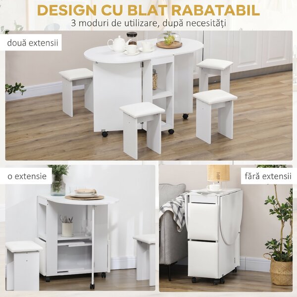 Set de masa pliabil pentru 4 persoane, cu 5 piese, scaune de sufragerie tapitate, cu rafturi de depozitare si 6 roti, alb HOMCOM | Aosom Romania